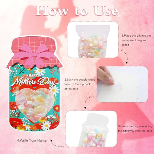 Avxdbr 27 Pack Mother’s Day Mason Jar Candy Cards DIY Heart Cutout Floral Cards with Treat Bags and Tape Mother’s Day Treat Bags with Heart Window for Mom