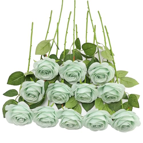 JUSMAI 12pcs Roses Artificial Flowers Real Touch Fake Flowers with Long Stems Silk Flowers for Wedding Bouquet Centerpices Decorations Party Bridal Baby Shower Home Decor (Sage Green) - color: Sage Green, size: 12PCS