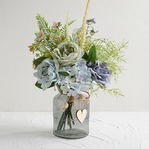 LUEUR Fake Flowers with Vase, Artificial Blue Dahlia & Rose Arrangement, Spring Floral Centerpiece for Dining Table, Coffee Table & Farmhouse Home Decor Spring Decorations - color: Blue & Green