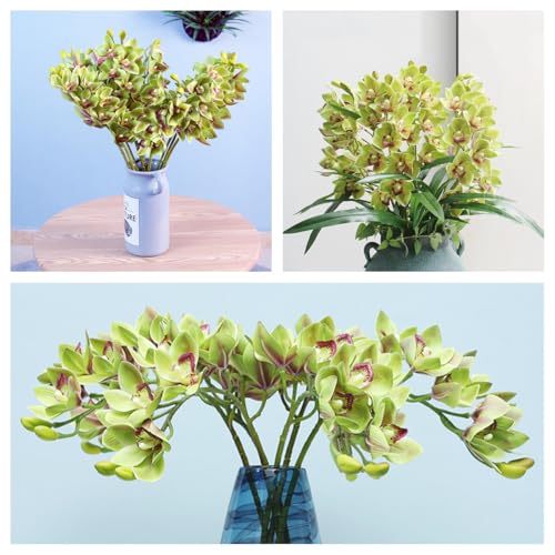 XZJMY 28.4" Artificial Phalaenopsis Flowers,Latex Phalaenopsis Branches,3D Faux Cymbidium Flowers 10 Large Petals Orchids for Home Décor (2, Green)