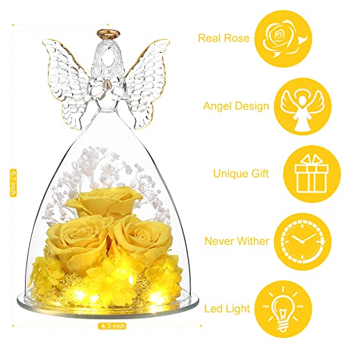 Mothers Day Rose Gifts for Women Preserved Real Flower in Glass Angel Figurines Roses for Delivery Prime Birthday Gifts for Mom Grandma Girlfriend Wife Her, Yellow - color: Yellow