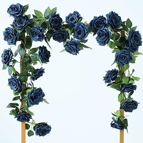 Dallisten 2 Strands 73'' Artificial Silk Rose Flower Vines Garland, Fake Roses Floral Green Leaves Hanging Plant for Wedding Arrangement Decoration, Wall, Party, Bedroom, Home Decor (Blue) - color: Blue