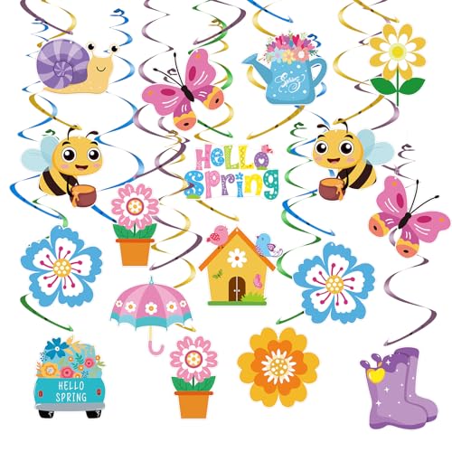 24Pcs Spring Hanging Decorations, Flower Butterfly Ceiling Hanging Swirls Cutouts, Spring Hanging Swirls for Home Office Classroom Spring Birthday Party Ceiling Decoration - color: Pink