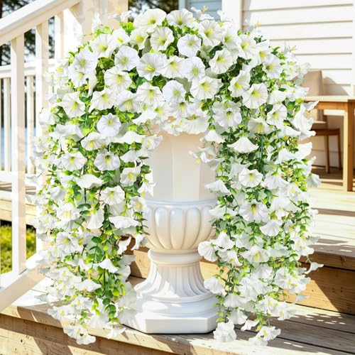 Artificial Hanging Flowers for Outdoors, 4Pcs UV Resistant Faux Morning Glory Flowers Spring Summer Decroation, No Fade Fake Flower Trailing Vines for Porch Patio Balcony Yard Garden (White) - color: White