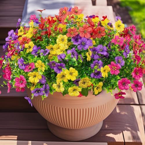 Artificial Flowers for Indoor & Outdoor Decoration - 12 Bundles Faux Daisies with Eucalyptus Leaves Fake Greenery for Garden, Home, Porch, Patio, Boxwood (12 Pcs Mix Pink Red Purple Yellow) - color: 12 Pcs Mix Pink Red Purple Yellow