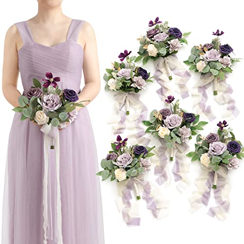 Ling's moment Artificial Bridesmaid Bouquets Set of 6,Purple Wedding Flower Bouquets Lilac Rose Floral Bouquet Bridal Bouquets with Ribbon Ceremony Anniversary,7-inch Diameter - color: Prpl-lilac & Gold