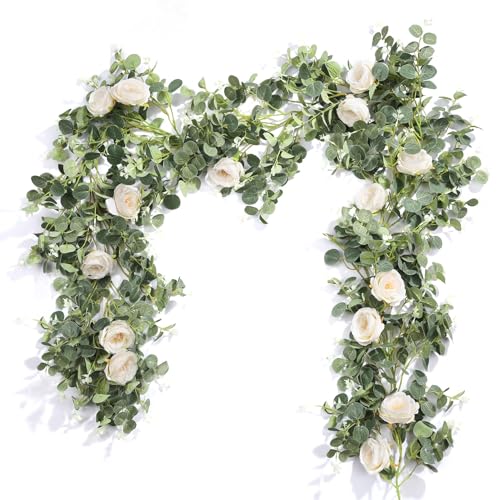 Der Rose 2 Pcs 13FT Artificial Flower Garland Wedding Decor, White Rose Eucalyptus Greenery Garland with Flowers & Floral Garland for Table Runner Flower Arch Backdrop - color: White 2 Pcs