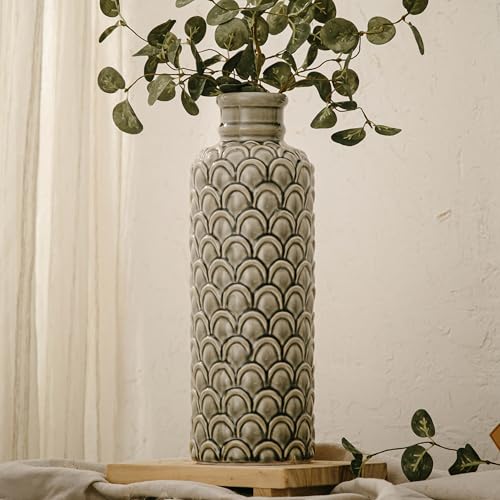 Ceramic Flower Vase, 13.98" Large Rustic Farmhouse Decorative Vase for Home Decor, Gray Textured Pottery Vase for Pampas Grass, Living Room, Entryway, Mantel, Kitchen Table - color: 102-grey