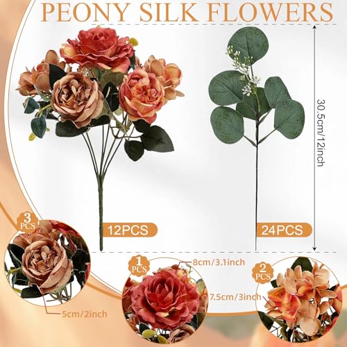 Burnt Orange Peony Artificial Flowers, Fall Faux Peonies Hydrangea Eucalyptus Bouquet 12 Packs Silk Vintage Realistic Peony Floral Arrangement for Wedding Centerpiece Table Vase Autumn Decor - color: Burnt Orange
