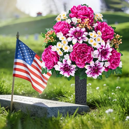 Dolicer Artificial Cemetery Flowers for Grave, Set of 2 Memorial Grave Flowers for Cemetery with Vase Realistic Silk Gravesites UV Resistant Peony Daisies Flowers Decorations (Red with White) - color: Rose Red