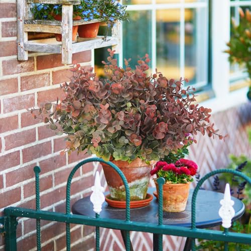 RECUTMS 12 Bundles Fake Bushes Artificial Plants Outdoor Faux Plant Eucalyptus Stems Fake Porch Plants for Summer Farmhouse Bathroom Office Vase Centerpiece Graduation Wedding Party Decor(Dusty Red) - color: Dusty Red, size: 12 Pcs