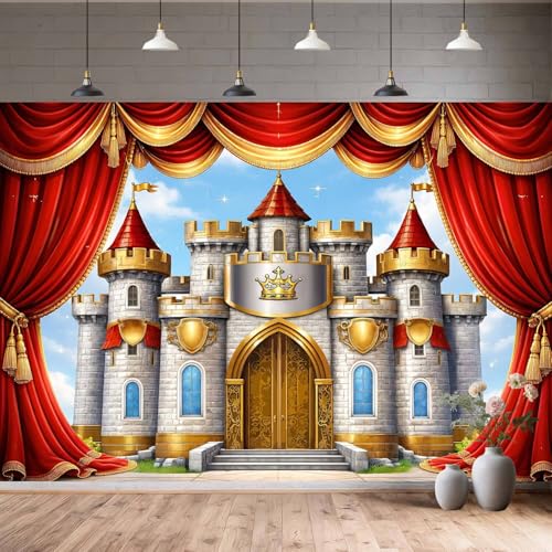 6X4ft Castle Backdrop Red Gold Stage Curtain Royal Noble Castle Photography Background Baby Shower Birthday Party Cake Table Decor Medieval Themed Photo Booth Props Wall Decor Banner - color: Multi13, size: 6X4FT