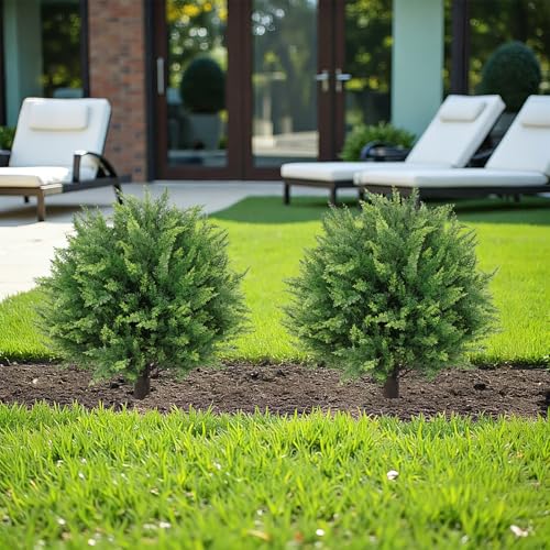 THE BLOOM TIMES Artificial Outdoor Plants, UV Resistant Fake Bushes & Shrubs with Ground Spike, Faux Cedar Topiary for Front Porch Outside Planter Decor Set of 2, Overall 24" - color: Cedar