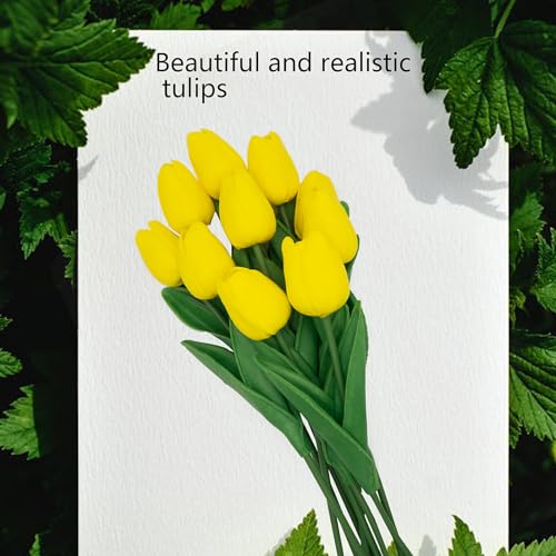 Yellow Flowers Fake Tulips Artificial Flowers, 13 Inch Real Touch PU Flowers for Decoration, 10 Pcs Tulip Flowers Bouquet for Vase, Mother's Day Easter Valentines Gifts - color: Yellow