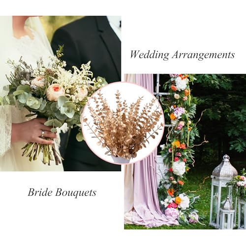 FEQO 90 Pcs Gold Eucalyptus Stems Artificial Leaves Faux Eucalyptus Stems Branches 15 inch for Wedding Bouquet Home Decor - color: Gold, size: 90 pcs