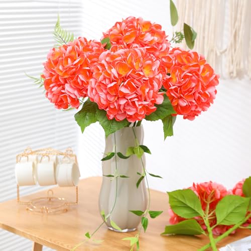 Nubry 4Pcs Orange Hydrangea Artificial Flowers, 22.5In Latex Faux Real Touch Large Hydrangea Flowers with Long Stems & Leaves for Home Office Decor Wedding Party Arrangements(Orange) - color: Orange, size: 4 Pcs