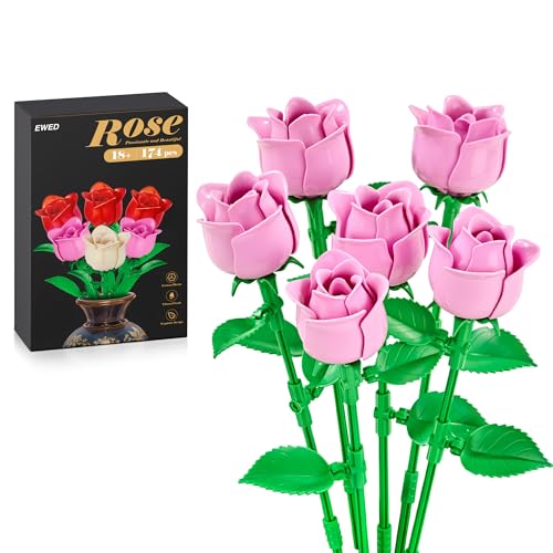 Rose Flower Bouquet Building Set: Artificial Flowers Botanical Collection Blocks Kit for Women Girls Wife Adults Home Decor Thanksgiving Christmas Mother's Day Valentine's Gifts 6-Pack - color: New Pink