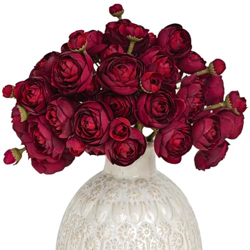 Letjolt Ranunculus Artificial Flower 18 Pcs Dark RedSilk Flowers | Home Decor, Wedding Bouquet, Engagement Centerpieces, Bridal Shower Decorations - color: Dark Red