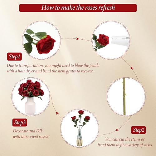 Hotop 20 Pcs Artificial Rose Flowers with Long Stem,Real Lifelike Silk Realistic Plastic Bouquet Roses Bulk for Home Decor Bridal Wedding Party Table Centerpieces Decorations(Wine Red) - color: Wine Red