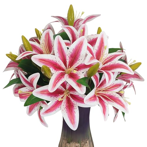 ATFL Artificial Lilies Flowers,9 Pcs Faux Lily Flowers,16''Tiger Lily Branches with 2 Full Blooms and 1 Bud,Faux Fake Lilies Plants for Wedding Bouquet Floral Arrangements (9, Pink) - color: Pink