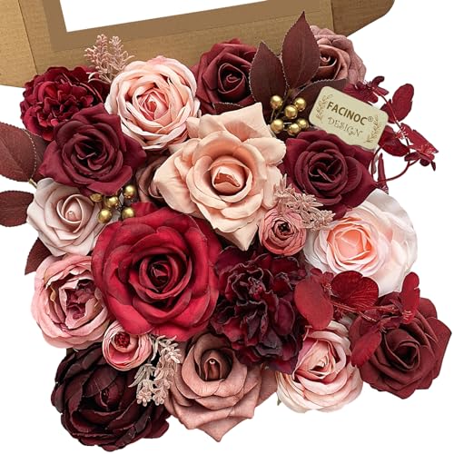FACINOC Roses Artificial Flowers Burgundy Fake Flower Bulk for DIY Wedding Bouquet Bridal Baby Shower Centerpiece Table Decorations Cake Decorating Silk Faux Floral Arrangements Party Home Decor Dusty - color: Burgundy, Dusty Rose