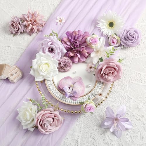 rongflower Artificial Flowers Box Silk Flowers Fake Rose for DIY Wedding Bridal Bouquet, Centerpieces, Home Decor, Floral Arrangement Decor (White Purple) - color: White Purple