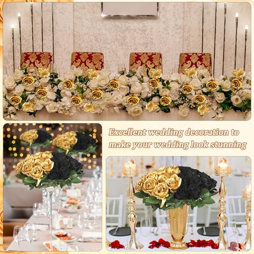 30pcs Fake Roses Artificial Silk Flowers Long Stems Bouquet for Wedding Bridal Shower Party Home Decoration (Black + Gold) - color: Black + Gold