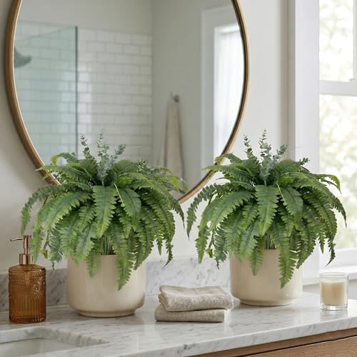 Artificial Ferns for Outdoors, 2 Pack 38IN Fake Ferns for Artificial Plants Large with 55 Fronds and 5 Long Eucalyptus Stems, Faux Ferns for Hanging Basket Porch Garden Home Decor