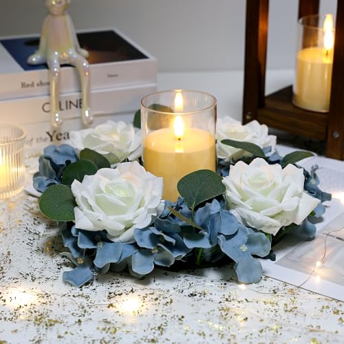 Artificial Flower Candle Rings - 6 Inch Inner Rose Floral Wreaths for Wedding Bridal Event Table Centerpieces Backdrop Decorations (Dusty Blue & White, 6 X Candle Rings) - color: Dusty Blue & White, size: 6 X Floral Wreaths