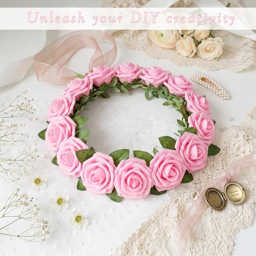 16 Pcs Fake Dark Pink Roses Artificial Flowers | Pink Foam Roses with Stems, Artificial Flowers for DIY Wedding Bouquets, Centerpieces, Party, Home Decor - color: Dark Pink
