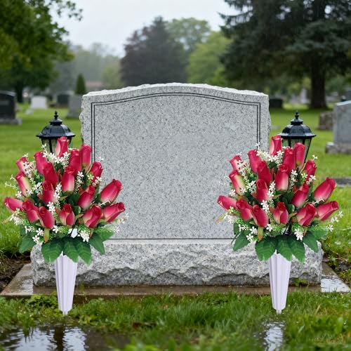 Christmas Artificial Cemetery Flowers for Grave, Memorial Roses Bouquets with Vase for Grave Tombstone Decorations (Rose Pink) - color: Rose Pink