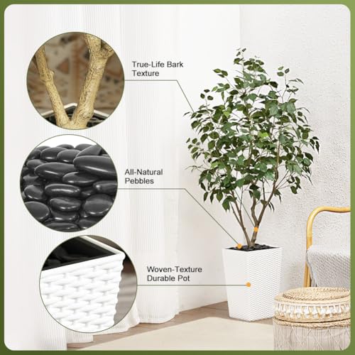 VeriNatural 5FT Artificial Ficus Tree with White Taper Planter & Pebbles– Tall Faux Trees with UV Resistant Silk Leaves for Indoor Outdoor - Potted Fake Floor Plants for Home Office Room Decor, VN128