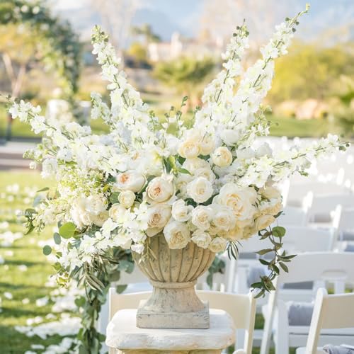 6Pcs White Delphinium Artificial Flowers 37.4’’ Long Stem Larkspur Artificial Flowers Faux Silk Flowers for Tall Vase Table Centerpiece Home Wedding Party Garden Decor(White) - color: White