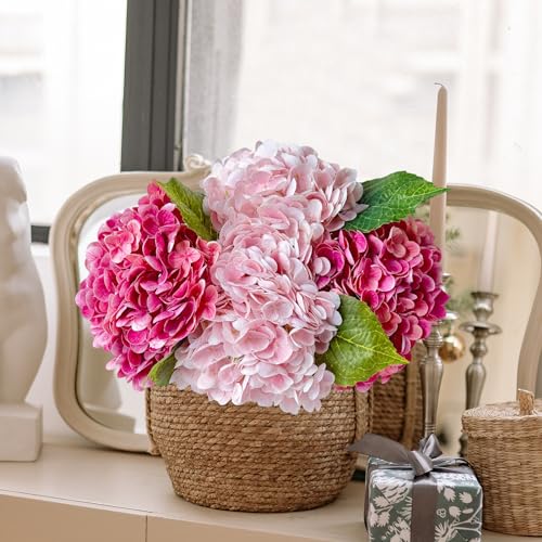 YalzoneMet 4 Pcs Real Touch Hydrangea Artificial Flower Lifelike 21'' Long Stem Latex Hydrangea Flower for Thanksgiving Home Kitchen Decor Wedding Christmas Table Centerpiece 2 Pink + 2 Rose Pink - color: Magenta Pink