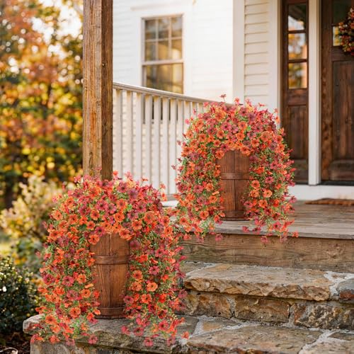 Artificial Fall Fake Flowers for Outdoor, 2 Pcs Faux Hanging Flowers Outdoor Fall Decor, UV Resistant No Fade Fake Mums Silk Flower for Front Door Porch Planters Patio Yard Garden(Orange Autumn Red) - color: Orange Autumn Red