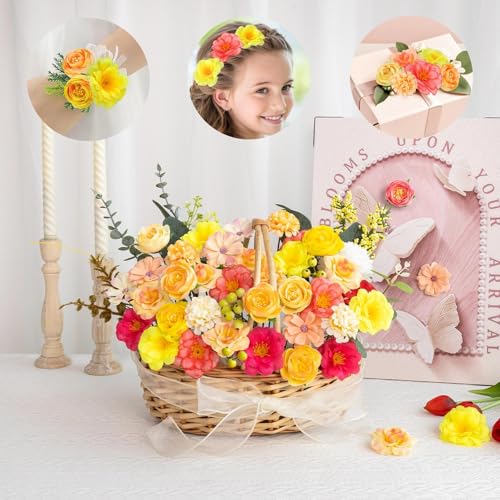 ATTGREAT Fake Flower Heads Mini Silk Flowrs Bulk Small Flower 3D Loose Faux Daisy Rose Sunflowers Plum Blossoms Craft for Wedding Party Cake Baby Shower Home Decor, 110Pcs(Orange) - color: Orange