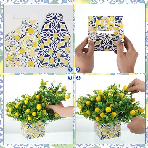 6 Sets Blue Tiles Lemon Table Centerpiece Decor Box and Artificial Lemon Branches Amalfi Coast Capri Positano Lemon Party Supplies for Capri Mediterranean Wedding Birthday Baby Shower Party Decor - color: Yellow White-b