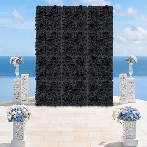 12PCS Black Rose Flower Wall Panels, 3D Artificial Silk Floral Background Decor for Wedding Party Indoor Outdoor Home Decoration (15x15in) - color: 12pcs Black Roses