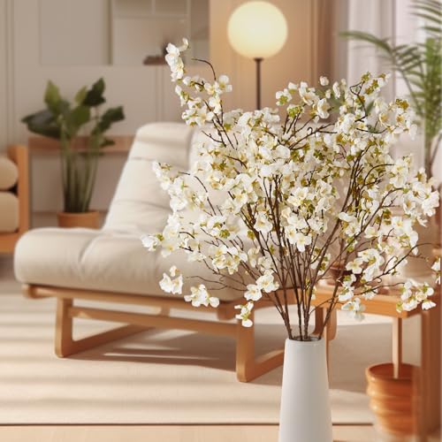 6 Pcs Artificial Cherry Blossom Flower Branches, Realistic Long Stem Silk Cherry Blossom Tree Stems Faux Cherry Flowers Vase Arrangements for Wedding Home Party Garden Decor (White) - color: White