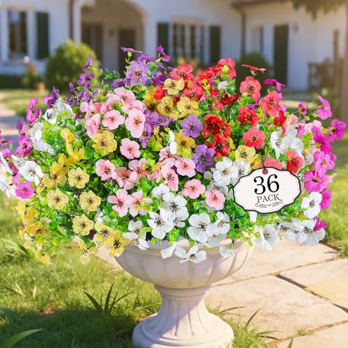 Alotiki 36 Bundles Artificial Flowers for Outdoors Decoration,Faux UV Resistant Violet Flowers with Eucalyptus Leaves,for Porch Outside Indoor Yard Home Patio Decor(36, Multiple Color) - color: Eucalyptus Violet, size: 36P