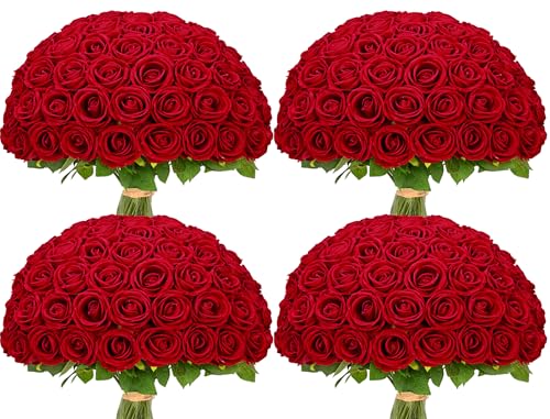 Waipfaru 100 Pcs Red Roses Artificial Flowers Bulk, Real Touch Velvet Roses with Wrapping Paper, Fake Flowers for Wedding Centerpieces Bridal Bouquet Valentines Mothers Day Decor - color: Red, size: 100 Pcs