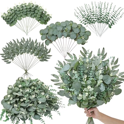 Serwalin 70pcs Artificial Mixed Eucalyptus Stems Leaves Bulk, 4Kinds Fake Greenery Silver Dollar Eucalyptus Leaves Picks,Faux Greenry Stems Sprays for DIY Bouquets Floral Arrangement Home Decor - color: Attractive Forest Green-70pcs