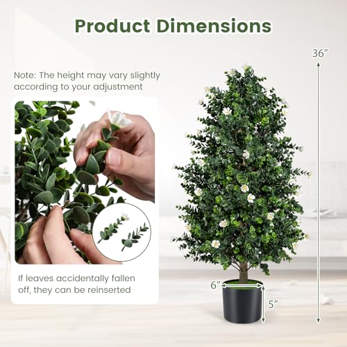 Goplus 2 Pack 36" Artificial Topiary Cone Tree, Faux Potted Shrub Plant w/49 Flowers, Cement-Filled Planter, Sun-Resistant Indoor Outdoor Evergreen Decoration for Home, Office, Front Porch (White) - color: White