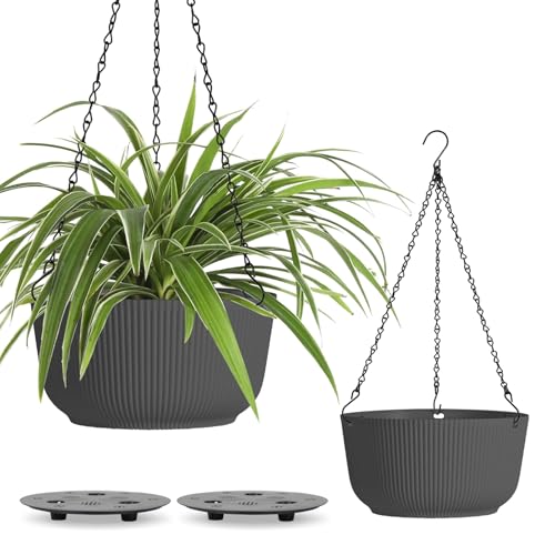 T4U 12 Inch Large Hanging Planters for Outdoor Plants, 2 Pack Self Watering Pots Indoor, Hanging Baskets for Plants,Hanging Flower Pot with Drainage Hole and Plant Hanger, Grey - color: Gray, size: 12 Inch