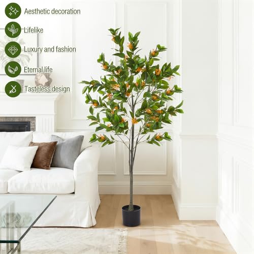 Daifunli 5ft Artificial Flower Tree Indoor Faux Osmanthus Tree Realistic Osmanthus Plants in Pot with Orange Flowers Lifelike Fake Floor Plant for Indoor Outdoor Home Living Room Office Wedding - style: Osmanthus Tree
