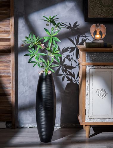Sziqiqi Black Tall Floor Vases: 27.5in Metal Extra Large Decorative Vase for Pampas Grass Fake Plant Dried Flowers - Detachable Ribbed Big Standing Vase for Living Room Indoor Fireplace Home Decor - color: Black