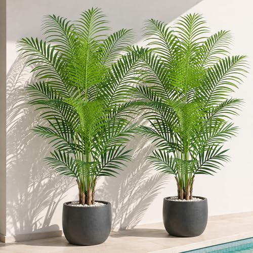 5ft Artificial Palm Tree Indoor Plant Tall Fake Tropical Paradise Palm Tree in Pot with Real Bark Design Faux Areca Palm Tree for Home Office Living Room Bedroom Farmhouse Modern Decor 2pcs - size: 5ft