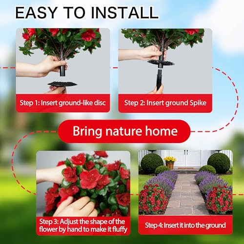 Artificial Flowers for Outdoors, Faux Outdoor Plants Fake Plants Topiary Balls Artificial Outdoor Set of 2 with Ground Spike for Home Front Porch Patio Garden Decor (Red) - color: Red