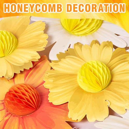 Paper Jazz 9pcs Daisy Paper Flower Decorations, White Yellow Orange Honeycomb Hanging Decor, Spring Party Celling Sign Boho Happy Birthday Supplies for Garden Classroom Baby Shower Birthday Party - color: Orange Daisy