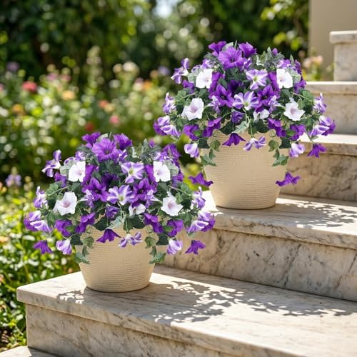 CEWOR 4pcs Artificial Flowers Plants for Outdoor Indoor, Fake Silk Flowers UV Resistant Faux Petunias Flower for Garden Front Door Porch Planter Patio Home Decor (Purple White) - color: Purple & White Morning Glory